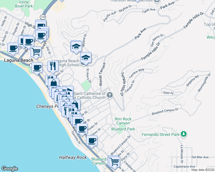 map of restaurants, bars, coffee shops, grocery stores, and more near 821 Temple Hills Drive in Laguna Beach