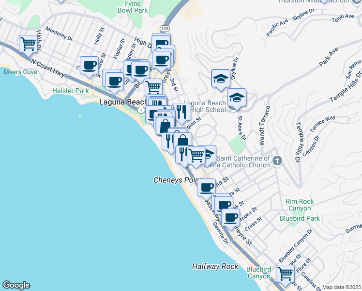 map of restaurants, bars, coffee shops, grocery stores, and more near 618 Glenneyre Street in Laguna Beach