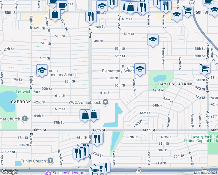 map of restaurants, bars, coffee shops, grocery stores, and more near 2311 60th Street in Lubbock
