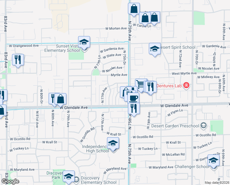 map of restaurants, bars, coffee shops, grocery stores, and more near 7040 North 76th Avenue in Glendale
