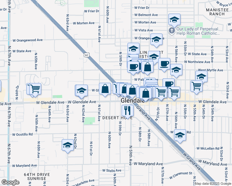 map of restaurants, bars, coffee shops, grocery stores, and more near 5947 West Glenn Drive in Glendale