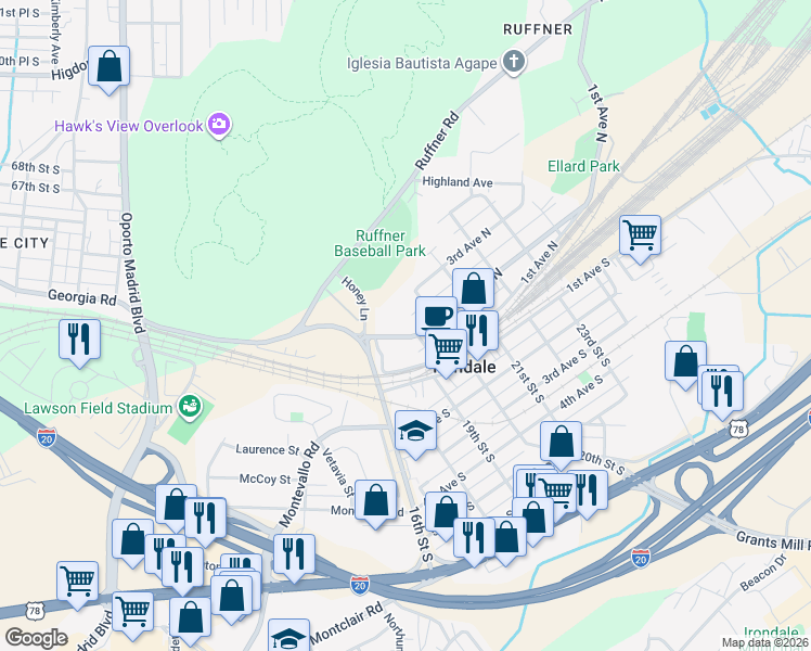 map of restaurants, bars, coffee shops, grocery stores, and more near 210 20th Street North in Irondale