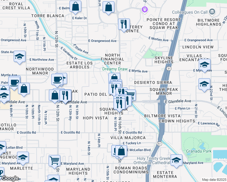 map of restaurants, bars, coffee shops, grocery stores, and more near 7104 North 15th Place in Phoenix