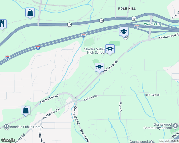 map of restaurants, bars, coffee shops, grocery stores, and more near 5998 Old Leeds Road in Irondale
