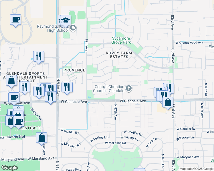 map of restaurants, bars, coffee shops, grocery stores, and more near 8772 West Midway Avenue in Glendale
