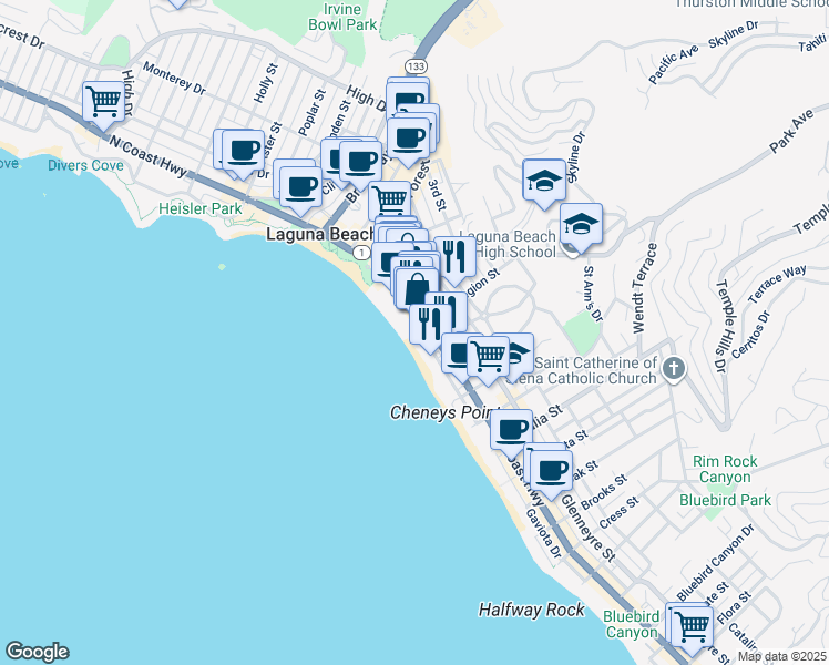 map of restaurants, bars, coffee shops, grocery stores, and more near 603 South Coast Highway in Laguna Beach