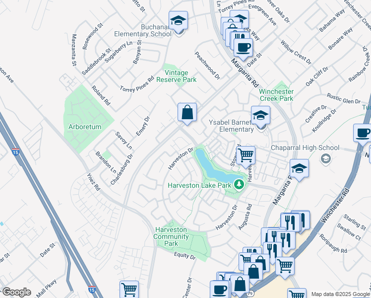 map of restaurants, bars, coffee shops, grocery stores, and more near 28641 Bar Harbor Lane in Temecula
