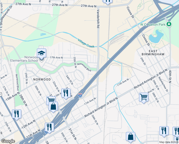 map of restaurants, bars, coffee shops, grocery stores, and more near 3616 Norwood Boulevard in Birmingham