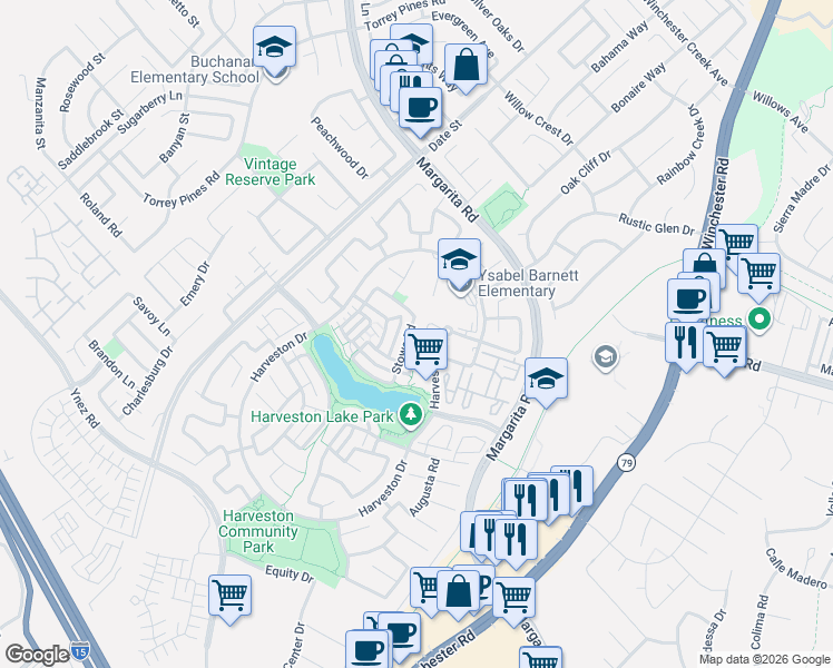 map of restaurants, bars, coffee shops, grocery stores, and more near 40062 Stowe Road in Temecula