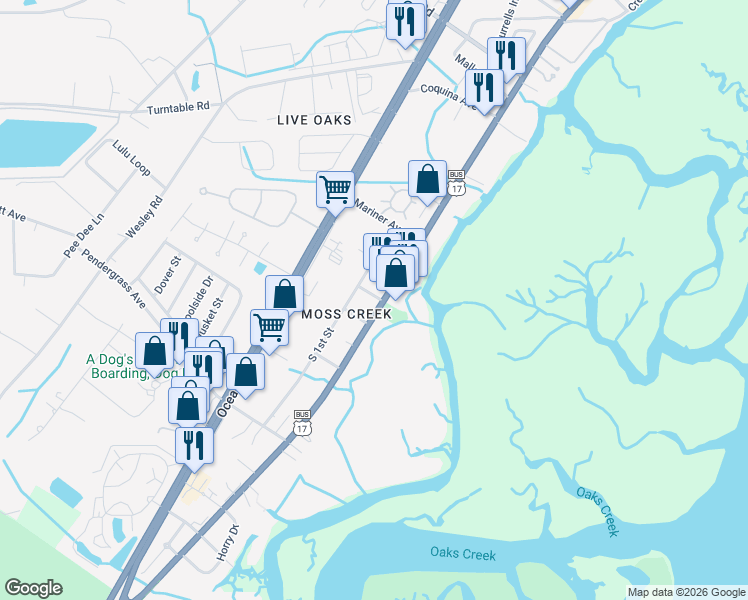 map of restaurants, bars, coffee shops, grocery stores, and more near 642 Swale Avenue in Murrells Inlet