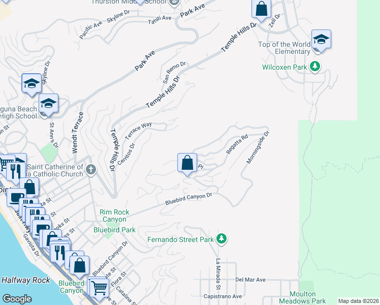 map of restaurants, bars, coffee shops, grocery stores, and more near 1510 Bluebird Canyon Drive in Laguna Beach