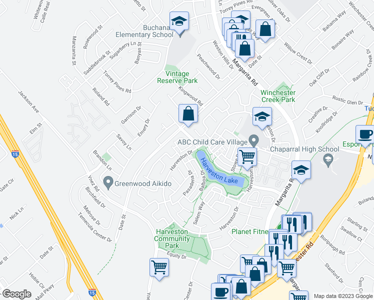 map of restaurants, bars, coffee shops, grocery stores, and more near 28659 Bar Harbor Lane in Temecula