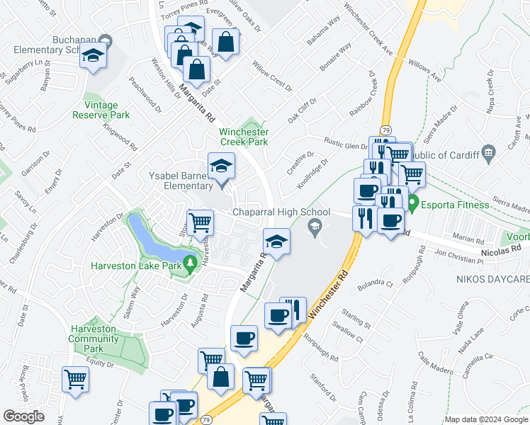 map of restaurants, bars, coffee shops, grocery stores, and more near 40054 Portsmouth Road in Temecula