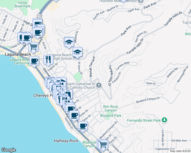 map of restaurants, bars, coffee shops, grocery stores, and more near 845 Temple Hills Drive in Laguna Beach