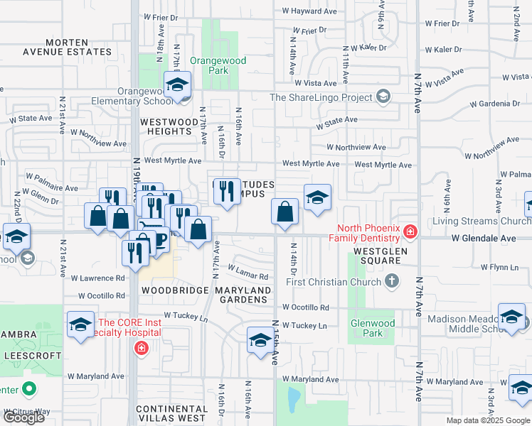 map of restaurants, bars, coffee shops, grocery stores, and more near 1502 West Glendale Avenue in Phoenix