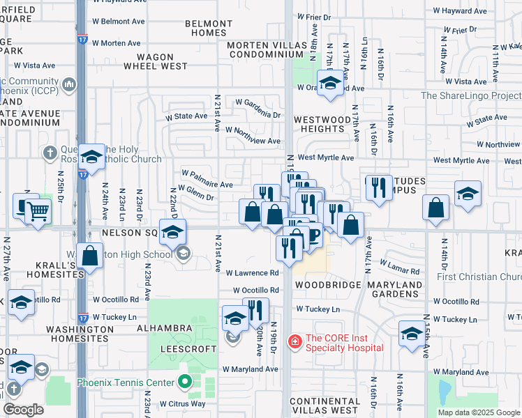 map of restaurants, bars, coffee shops, grocery stores, and more near 1950 West Glendale Avenue in Phoenix