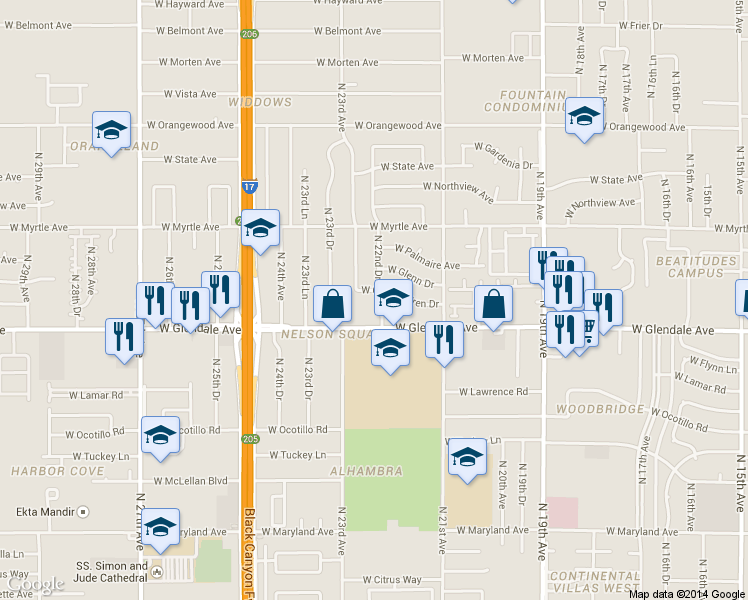 map of restaurants, bars, coffee shops, grocery stores, and more near 7036 North 22nd Drive in Phoenix