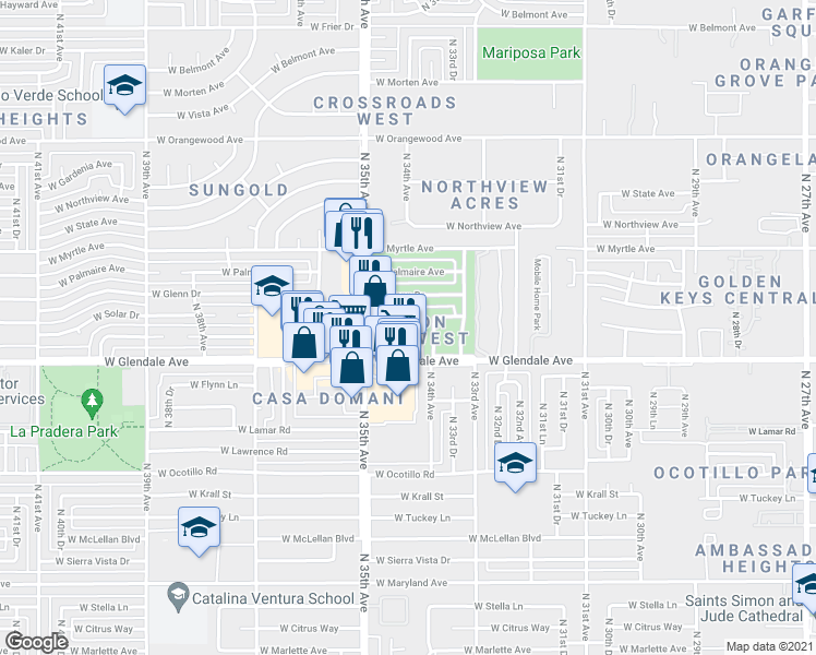 map of restaurants, bars, coffee shops, grocery stores, and more near 3408 West Glendale Avenue in Phoenix