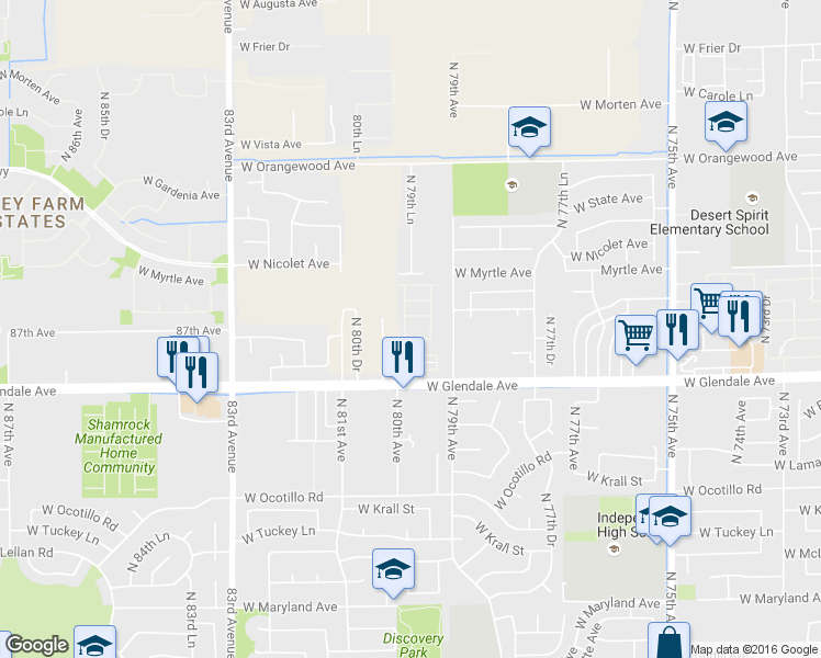 map of restaurants, bars, coffee shops, grocery stores, and more near 7920 West Glendale Avenue in Glendale