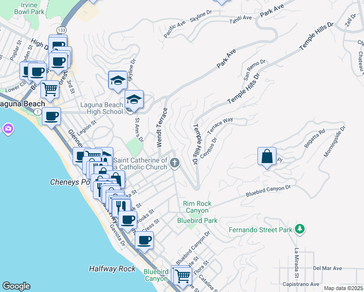 map of restaurants, bars, coffee shops, grocery stores, and more near 827 Buena Vista Way in Laguna Beach
