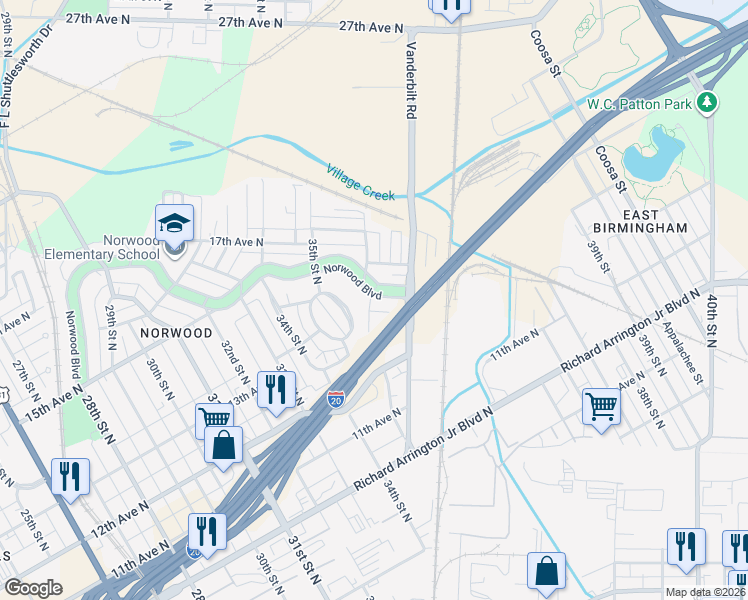 map of restaurants, bars, coffee shops, grocery stores, and more near 3616 Norwood Boulevard in Birmingham