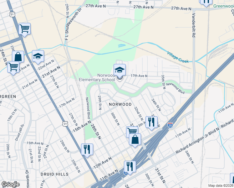 map of restaurants, bars, coffee shops, grocery stores, and more near 3142 Norwood Boulevard in Birmingham