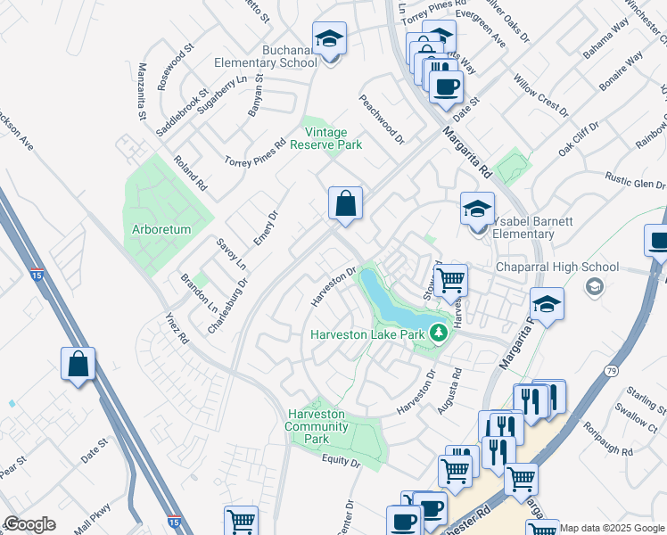 map of restaurants, bars, coffee shops, grocery stores, and more near 40054 Cape Cod Lane in Temecula