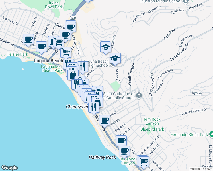 map of restaurants, bars, coffee shops, grocery stores, and more near 490 Arroyo Chico in Laguna Beach