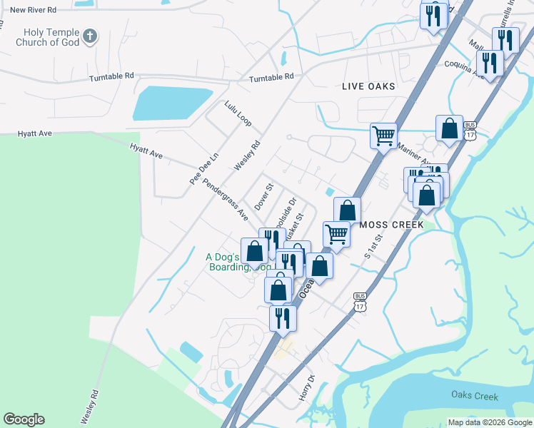 map of restaurants, bars, coffee shops, grocery stores, and more near 5 Dover Street in Murrells Inlet