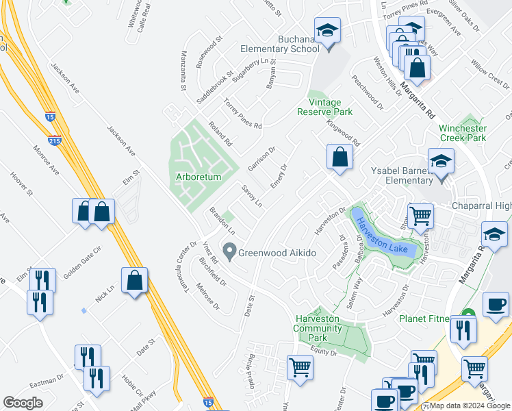 map of restaurants, bars, coffee shops, grocery stores, and more near 27389 Savoy Lane in Temecula