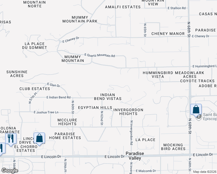 map of restaurants, bars, coffee shops, grocery stores, and more near 7040 North Invergordon Road in Paradise Valley