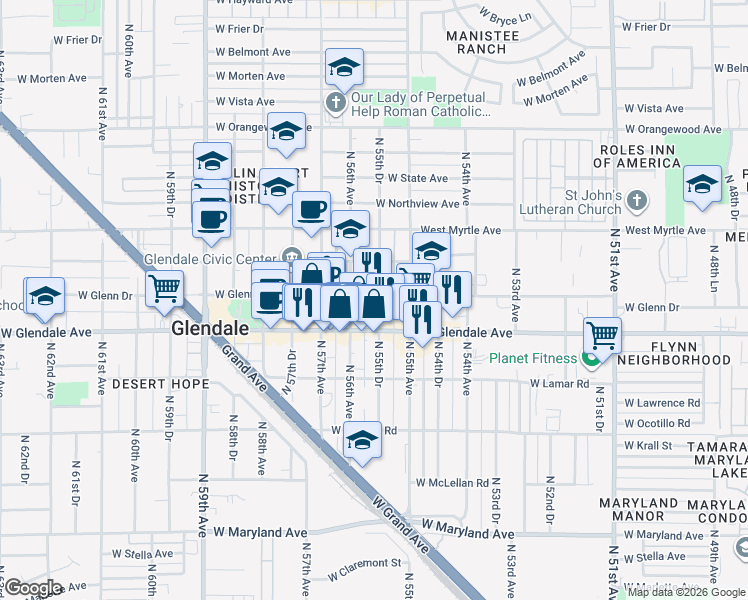 map of restaurants, bars, coffee shops, grocery stores, and more near 5535 West Glenn Drive in Glendale