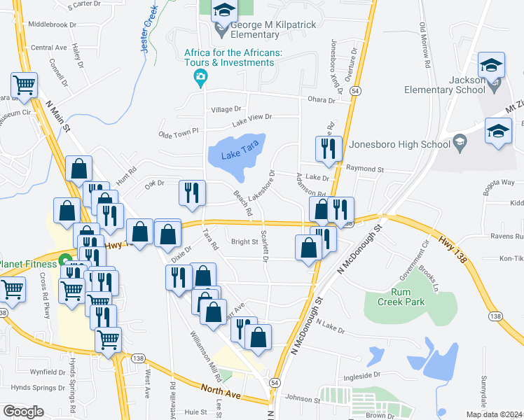 map of restaurants, bars, coffee shops, grocery stores, and more near 7872 Scarlett Drive in Jonesboro