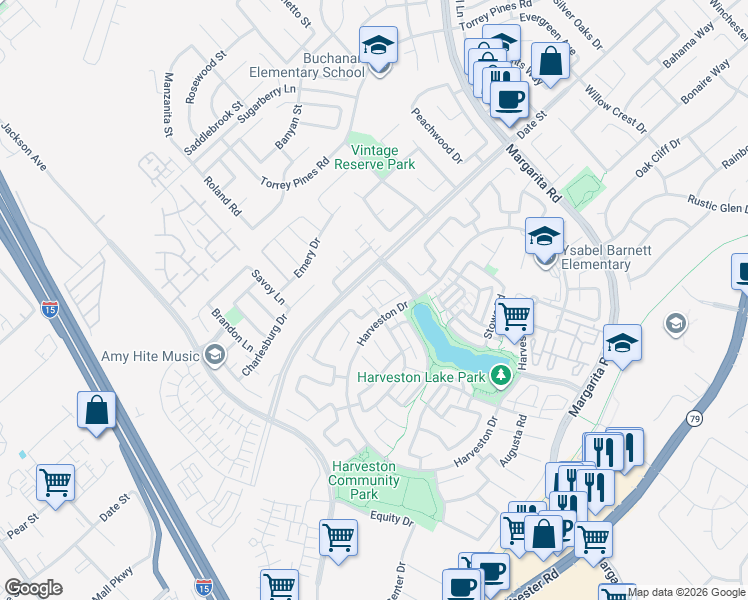 map of restaurants, bars, coffee shops, grocery stores, and more near 40039 Cape Cod Lane in Temecula