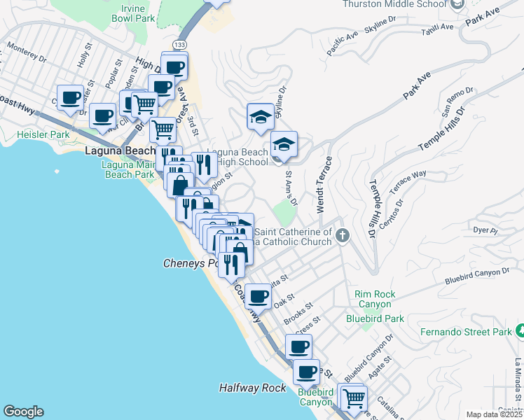 map of restaurants, bars, coffee shops, grocery stores, and more near 490 Arroyo Chico in Laguna Beach