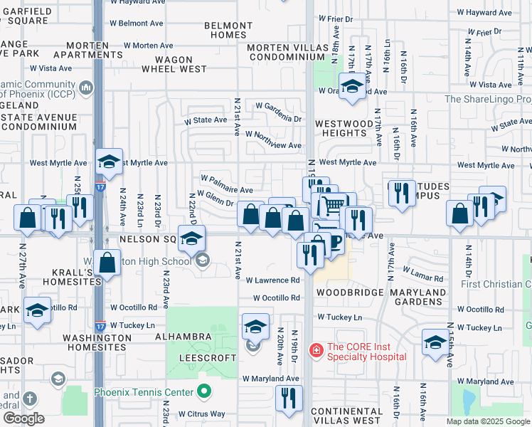 map of restaurants, bars, coffee shops, grocery stores, and more near 2020 West Glendale Avenue in Phoenix