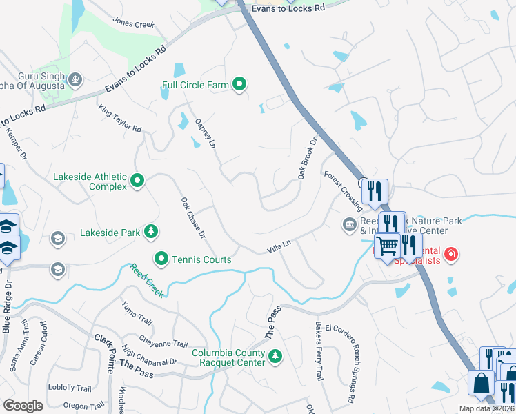 map of restaurants, bars, coffee shops, grocery stores, and more near 547 Oak Brook Drive in Augusta