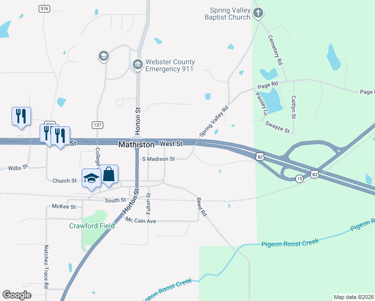 map of restaurants, bars, coffee shops, grocery stores, and more near 18665 U.S. 82 in Mathiston