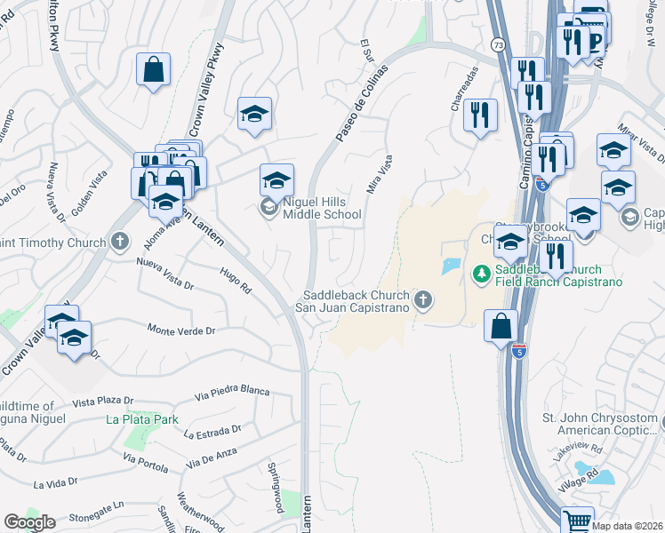 map of restaurants, bars, coffee shops, grocery stores, and more near 29121 Via Cerrito in Laguna Niguel
