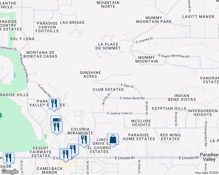 map of restaurants, bars, coffee shops, grocery stores, and more near 5717 East Arroyo Road in Paradise Valley