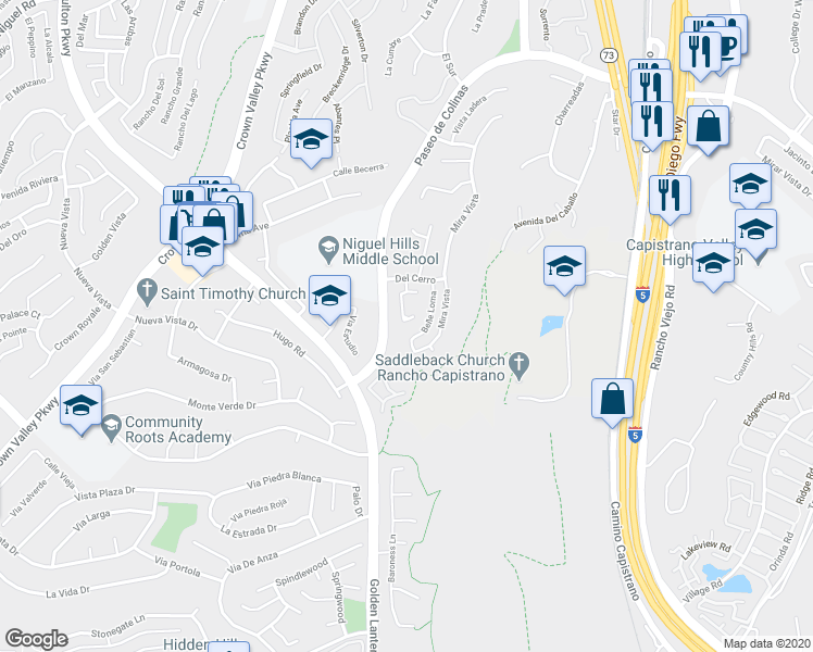 map of restaurants, bars, coffee shops, grocery stores, and more near 29121 Via Cerrito in Laguna Niguel
