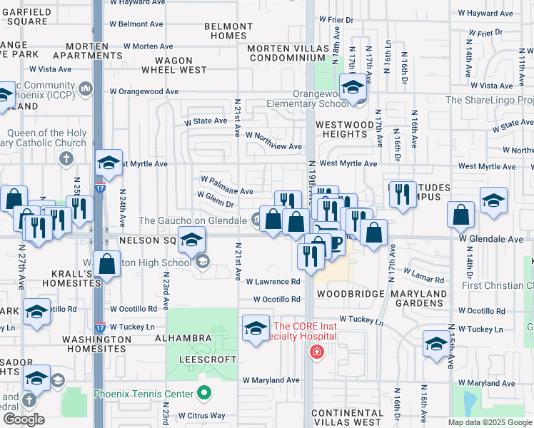 map of restaurants, bars, coffee shops, grocery stores, and more near 2020 West Glendale Avenue in Phoenix