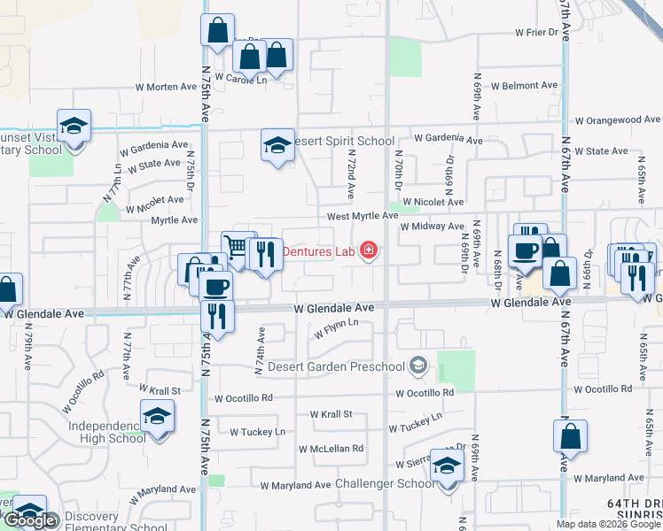map of restaurants, bars, coffee shops, grocery stores, and more near 7264 West Aurelius Avenue in Glendale