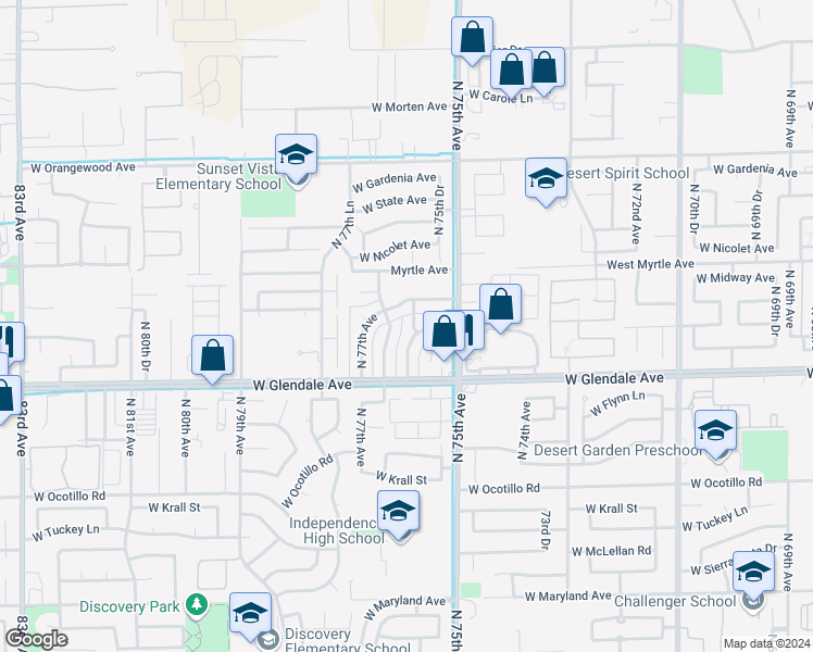 map of restaurants, bars, coffee shops, grocery stores, and more near 7040 North 76th Avenue in Glendale