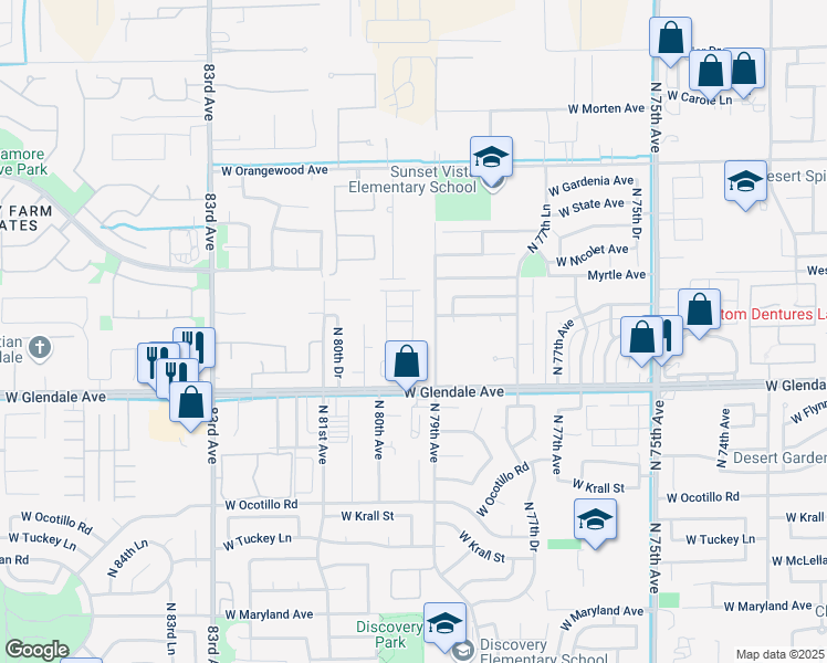 map of restaurants, bars, coffee shops, grocery stores, and more near 7920 West Glendale Avenue in Glendale