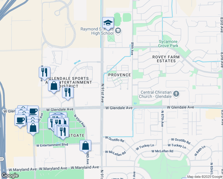 map of restaurants, bars, coffee shops, grocery stores, and more near 9068 West Myrtle Avenue in Glendale