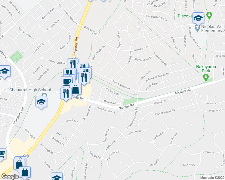 map of restaurants, bars, coffee shops, grocery stores, and more near 27530 Santa Gertrudis Creek Trail in Temecula