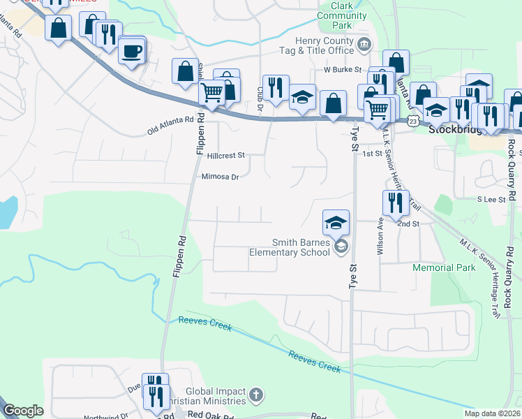 map of restaurants, bars, coffee shops, grocery stores, and more near 305 Hamilton Glenn in Stockbridge