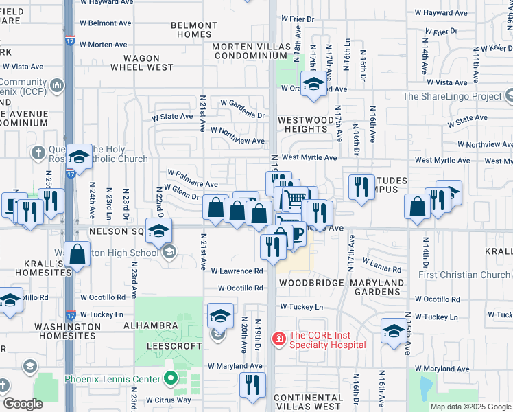 map of restaurants, bars, coffee shops, grocery stores, and more near 1950 West Glendale Avenue in Phoenix