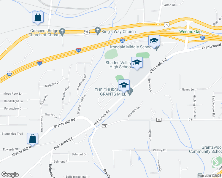 map of restaurants, bars, coffee shops, grocery stores, and more near 5998 Old Leeds Road in Irondale